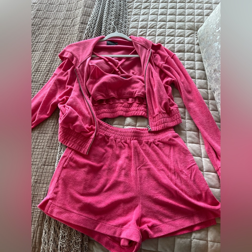 WSLY Hot Pink 3-Piece Terry Lounge Set - Jacket, Bralette & Shorts